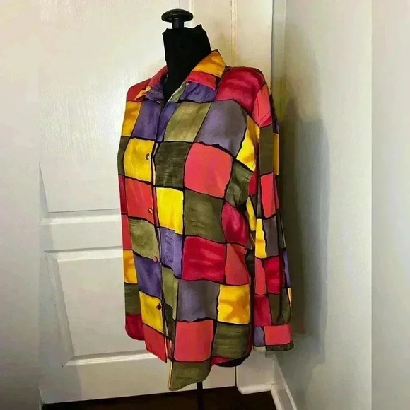 Le Caviar Vintage 80s Women's 8 Blouse, Button‎ Up RetroLong Sleeve Color Block - Picture 2 of 8